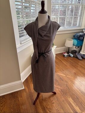 Lafayette 148 New York Sleeveless Taupe-Brown Midi Dress with Draped Scarf Neck